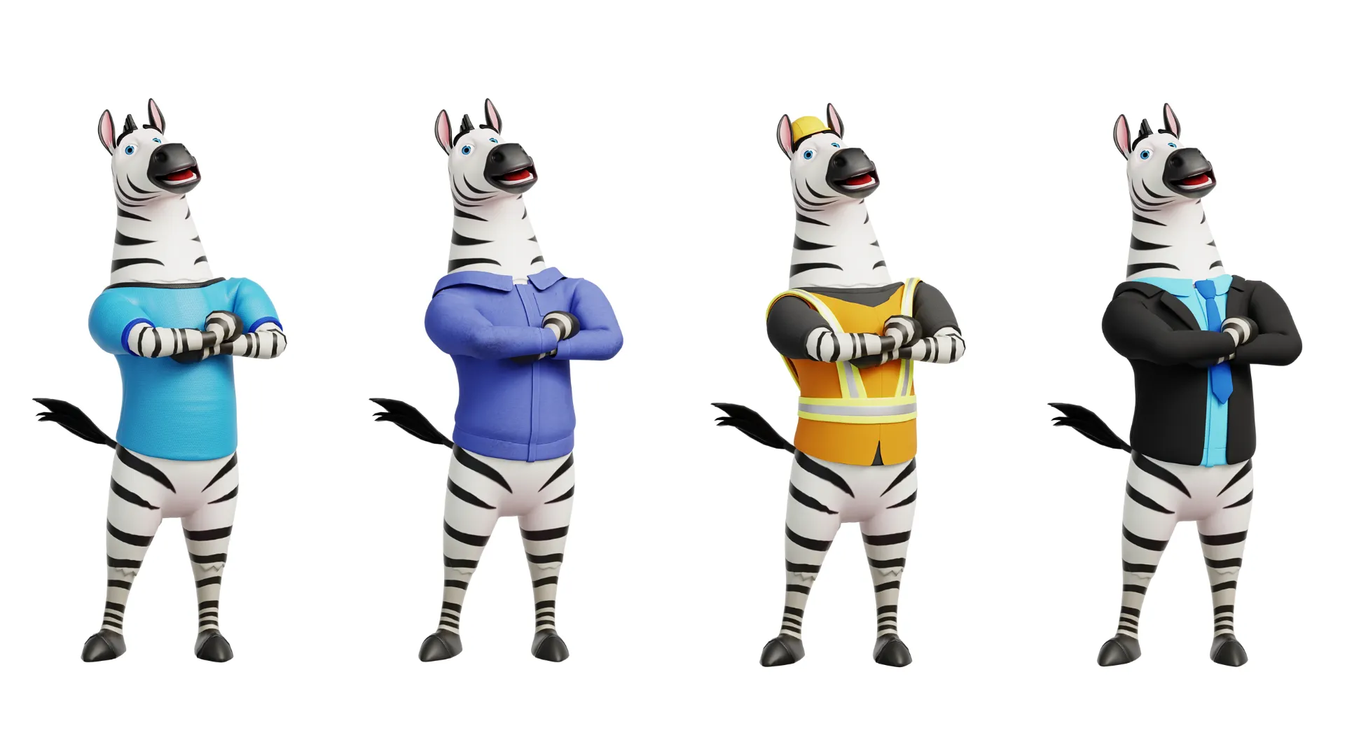 Various clothes options for zebra mascot - jersey, t-shirt, working outfit, suit